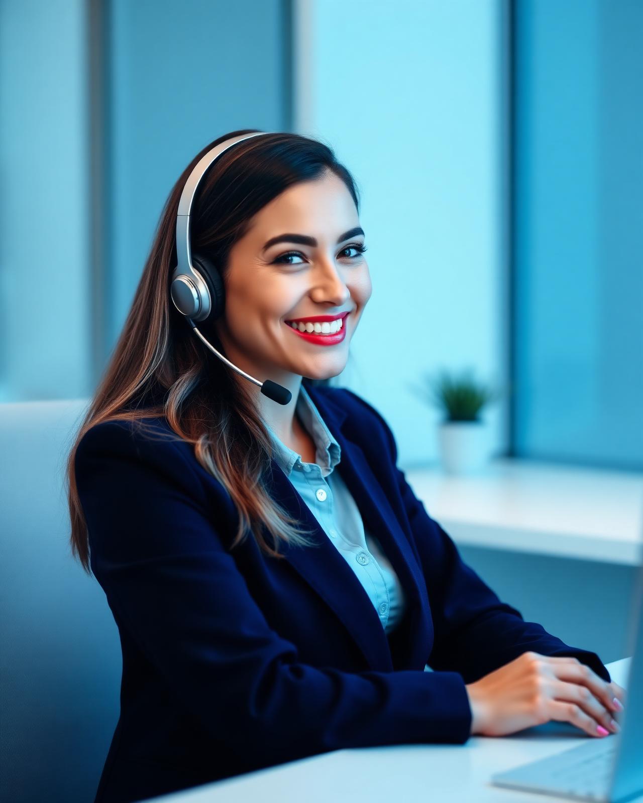 Atendente sorrindo com headset, pronta para atender