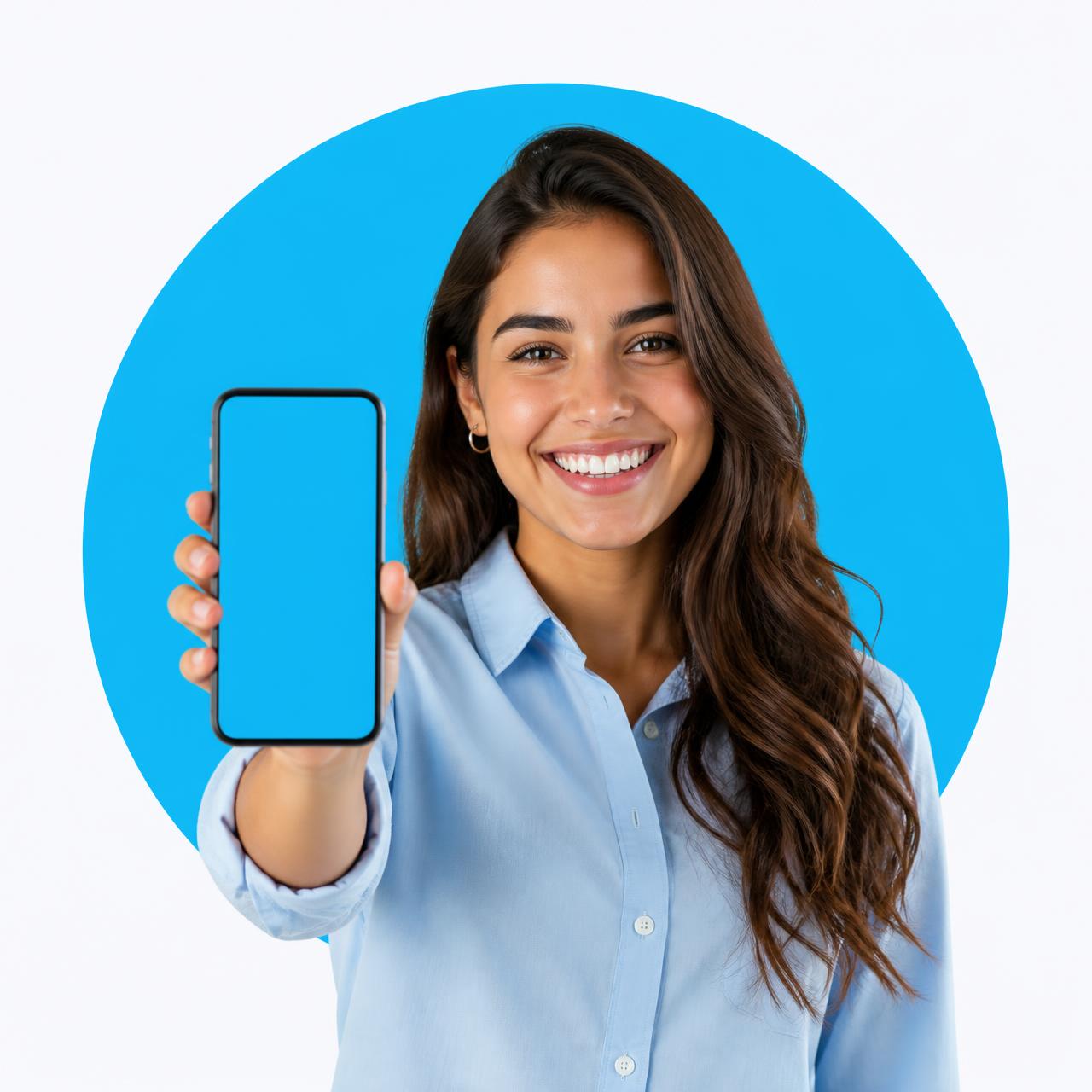 Atendente sorrindo mostrando o atendimento pelo celular